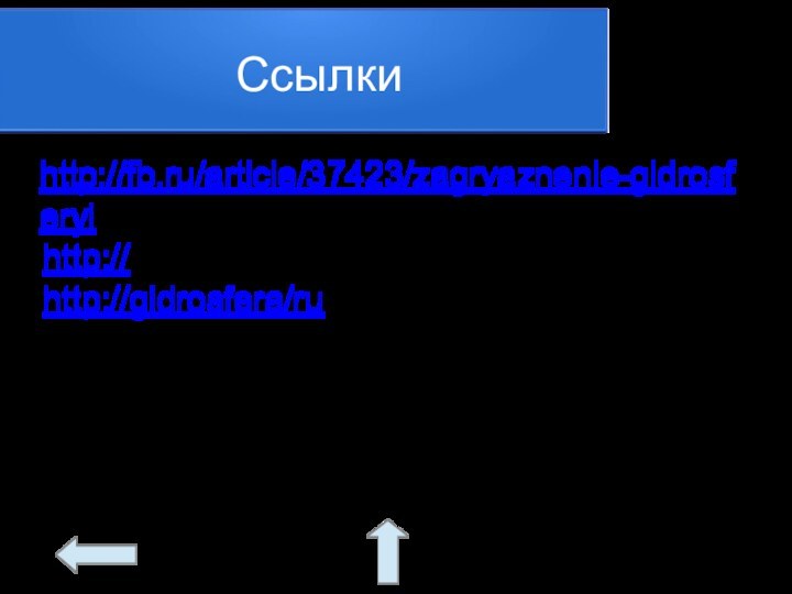 Ссылки http://fb.ru/article/37423/zagryaznenie-gidrosferyi http:// http://gidrosfera/ru