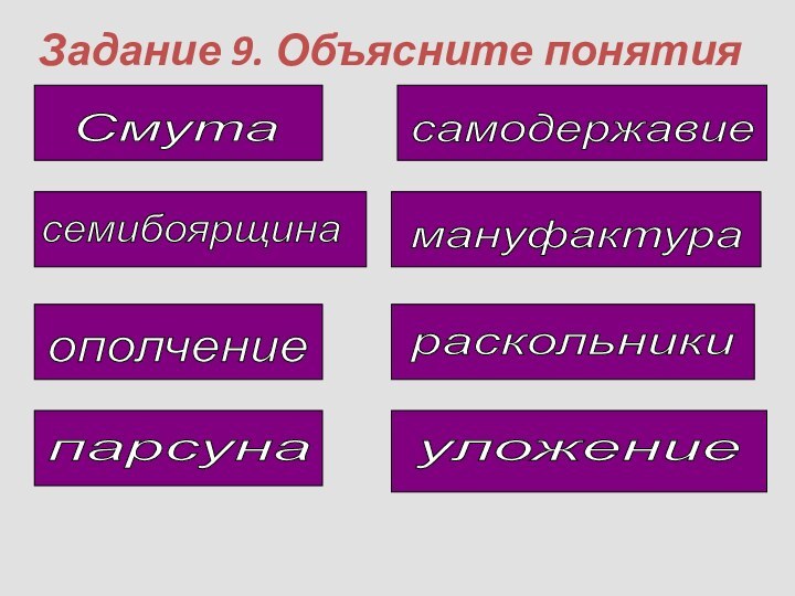 Задание 9. Объясните понятияСмута семибоярщина ополчение парсуна самодержавие мануфактура раскольники уложение