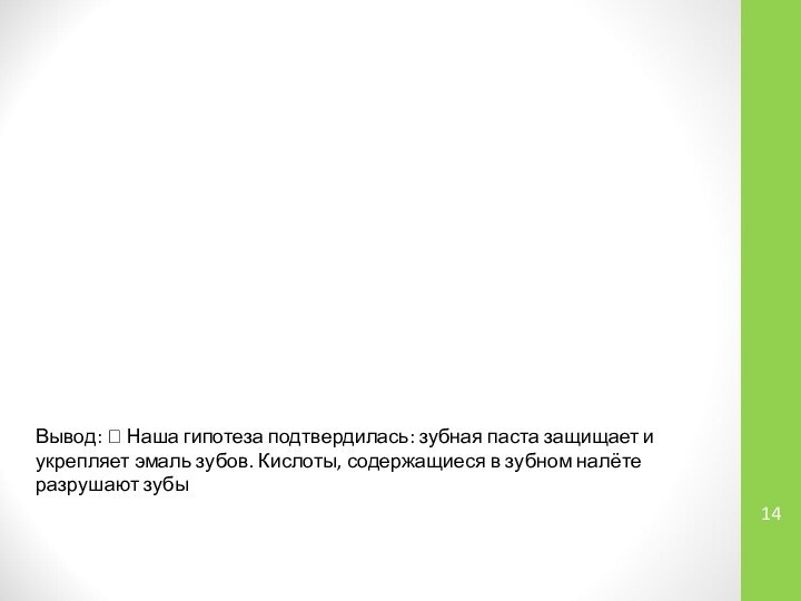 Вывод:  Наша гипотеза подтвердилась: зубная паста защищает и укрепляет эмаль зубов.