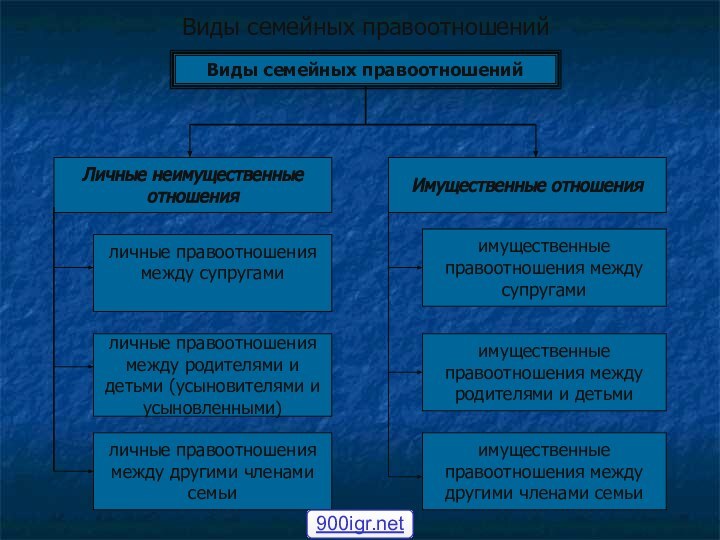 Виды семейных правоотношенийВиды семейных правоотношенийЛичные неимущественныеотношенияИмущественные отношенияличные правоотношениямежду супругамиличные правоотношениямежду родителями и