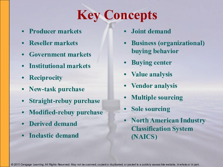 Key ConceptsProducer marketsReseller marketsGovernment marketsInstitutional marketsReciprocityNew-task purchaseStraight-rebuy purchaseModified-rebuy purchaseDerived demandInelastic demandJoint demandBusiness