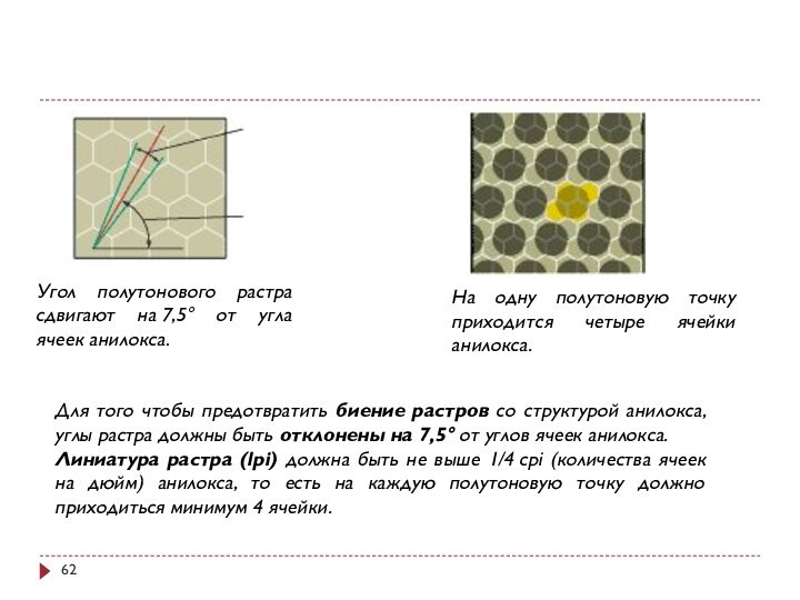 Угол полутонового растра сдвигают на 7,5° от угла ячеек анилокса.На одну полутоновую точку