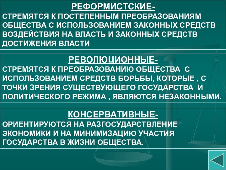 РЕФОРМИСТСКИЕ- СТРЕМЯТСЯ К ПОСТЕПЕННЫМ ПРЕОБРАЗОВАНИЯМ ОБЩЕСТВА С ИСПОЛЬЗОВАНИЕМ ЗАКОННЫХ СРЕДСТВ ВОЗДЕЙСТВИЯ НА