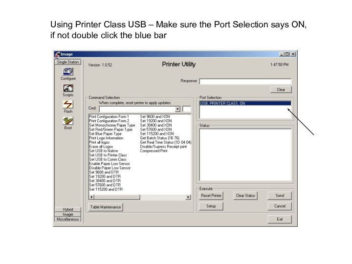 Using Printer Class USB – Make sure the Port Selection says ON,