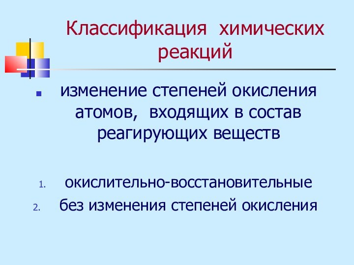 Классификация химических реакцийизменение степеней окисления атомов, входящих в состав реагирующих веществокислительно-восстановительныебез изменения степеней окисления