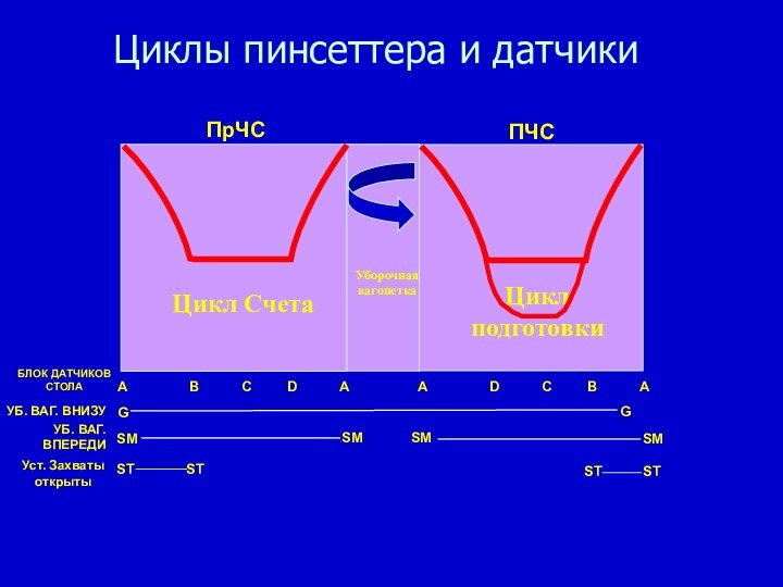 Циклы пинсеттера и датчикиПрЧСПЧСAGBCDAADCBAGSMSMЦикл СчетаЦикл подготовкиУборочная вагонеткаSMSMSTSTSTSTУст. ЗахватыоткрытыБЛОК ДАТЧИКОВСТОЛАУБ. ВАГ. ВНИЗУ  УБ. ВАГ. ВПЕРЕДИ