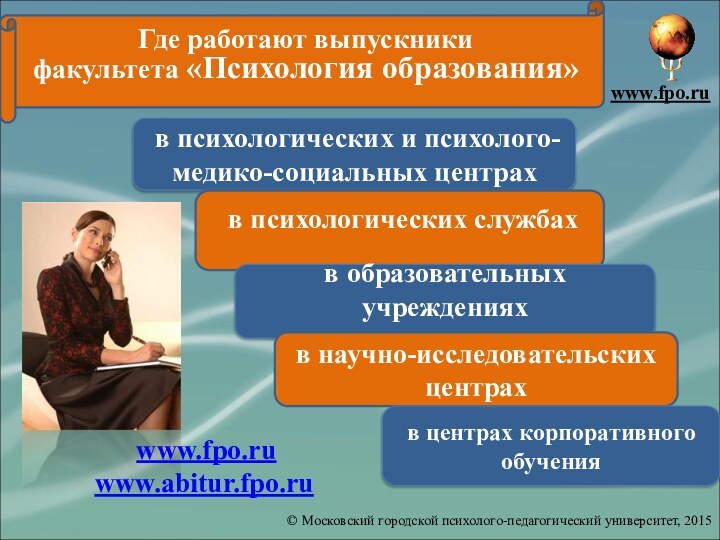 Где работают выпускникифакультета «Психология образования» в психологических и психолого-медико-социальных центрах в психологических службахв образовательных