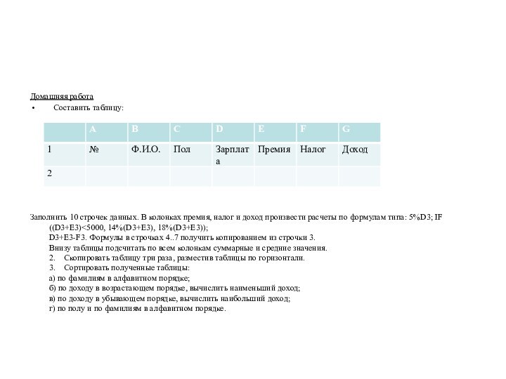 Домашняя работа   Составить таблицу: Заполнить 10 строчек данных. В колонках премия,