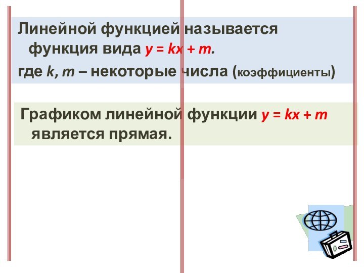 Линейной функцией называется функция вида y = kx + m.где k, m