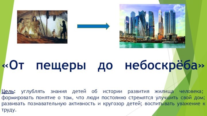 «От пещеры до небоскрёба»  Цель: углублять знания детей об истории развития