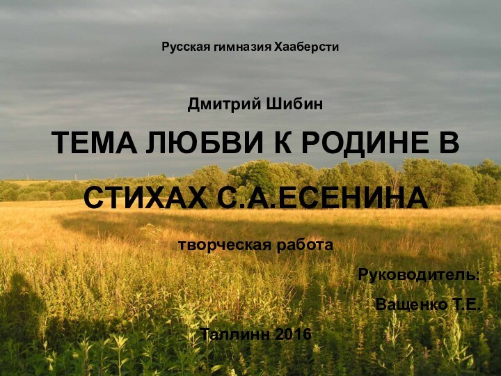 Русская гимназия ХааберстиДмитрий ШибинТЕМА ЛЮБВИ К РОДИНЕ В СТИХАХ С.А.ЕСЕНИНАтворческая работаРуководитель:Ващенко Т.Е.Таллинн 2016