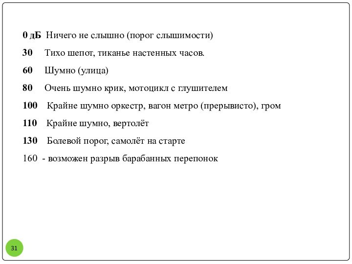 0 дБ Ничего не слышно (порог слышимости)  30   Тихо шепот,