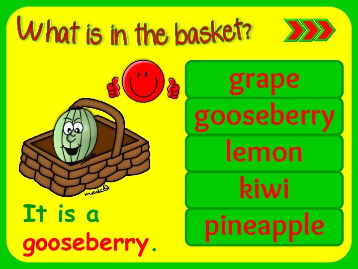 grapegooseberrylemonkiwipineappleIt is agooseberry.