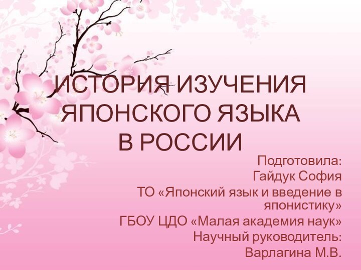 ИСТОРИЯ ИЗУЧЕНИЯ ЯПОНСКОГО ЯЗЫКА  В РОССИИПодготовила:Гайдук СофияТО «Японский язык и введение