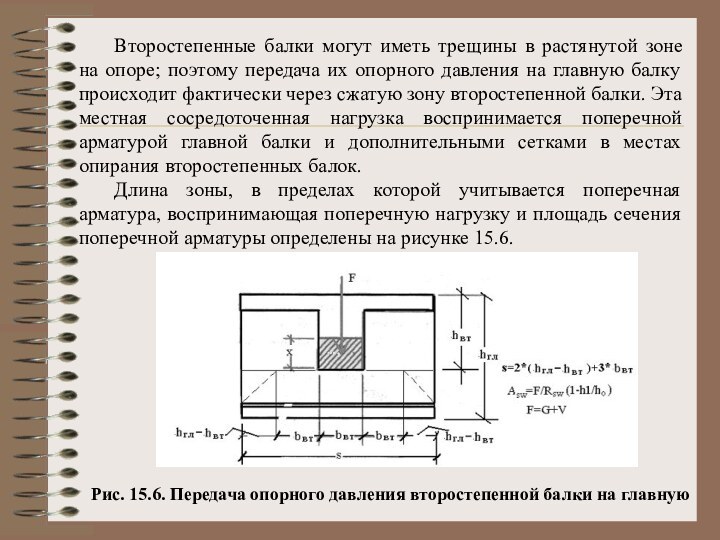 Второстепенные балки могут иметь трещины в растянутой зоне на опоре; поэтому передача