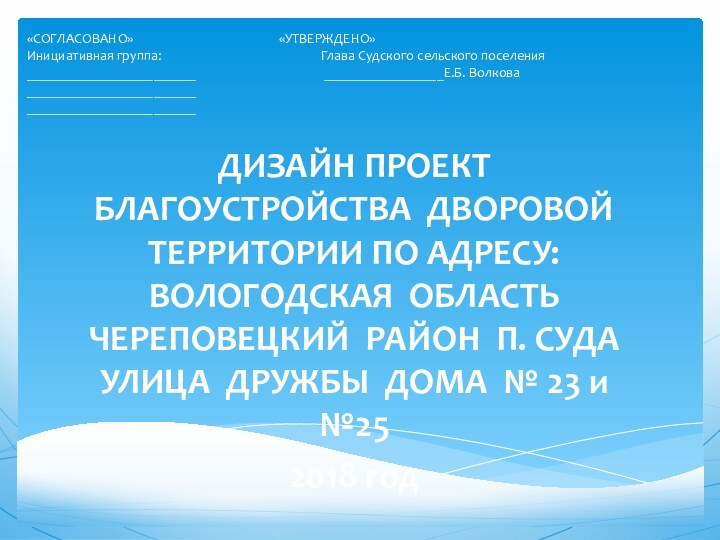 «СОГЛАСОВАНО»					«УТВЕРЖДЕНО» Инициативная группа:					 Глава Судского сельского поселения ________________________				  _________________Е.Б. Волкова ________________________