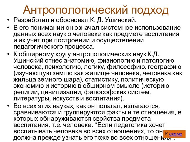 Антропологический подходРазработал и обосновал К. Д. Ушинский. В его понимании он означал