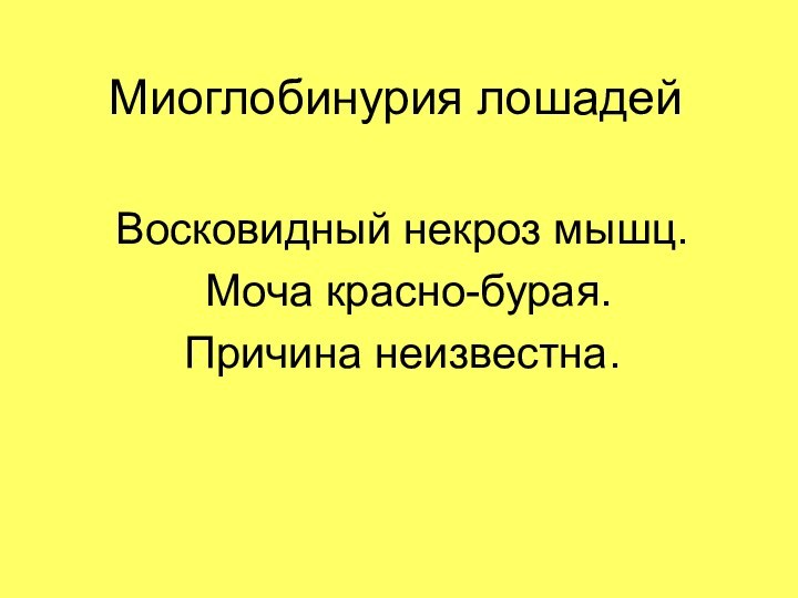 Миоглобинурия лошадей Восковидный некроз мышц. Моча красно-бурая. Причина неизвестна.