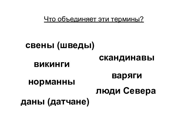 викинги даны (датчане)скандинавылюди Северанорманнываряги свены (шведы)Что объединяет эти термины?