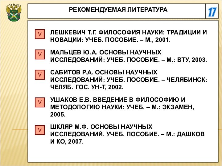 17 РЕКОМЕНДУЕМАЯ ЛИТЕРАТУРАЛЕШКЕВИЧ Т.Г. ФИЛОСОФИЯ НАУКИ: ТРАДИЦИИ И НОВАЦИИ: УЧЕБ. ПОСОБИЕ. –