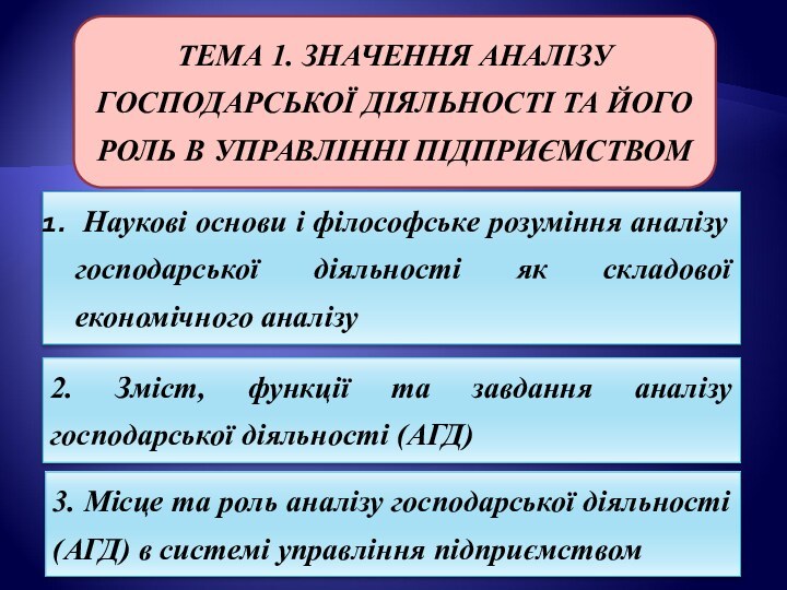 ТЕМА 1. ЗНАЧЕННЯ АНАЛІЗУ ГОСПОДАРСЬКОЇ ДІЯЛЬНОСТІ ТА ЙОГО РОЛЬ В УПРАВЛІННІ ПІДПРИЄМСТВОМ