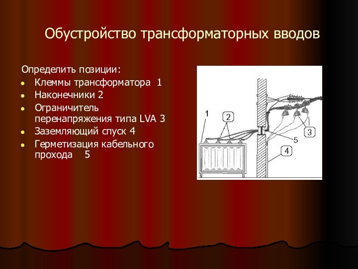 Обустройство трансформаторных вводовОпределить позиции:Клеммы трансформатора 1Наконечники 2Ограничитель перенапряжения типа LVA 3 Заземляющий спуск