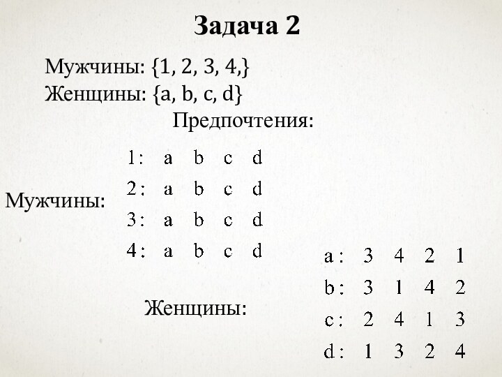 Мужчины: {1, 2, 3, 4,}Женщины: {a, b, c, d}Предпочтения:Мужчины:			    Женщины:Задача 2