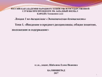 Экономическая безопасность. Введение в предмет дисциплины, общие понятия, положения и содержание. (лекция 1)