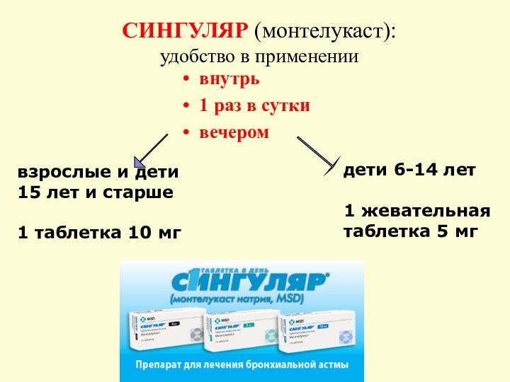 СИНГУЛЯР (монтелукаст):  удобство в применении внутрь1 раз в суткивечеромвзрослые и дети