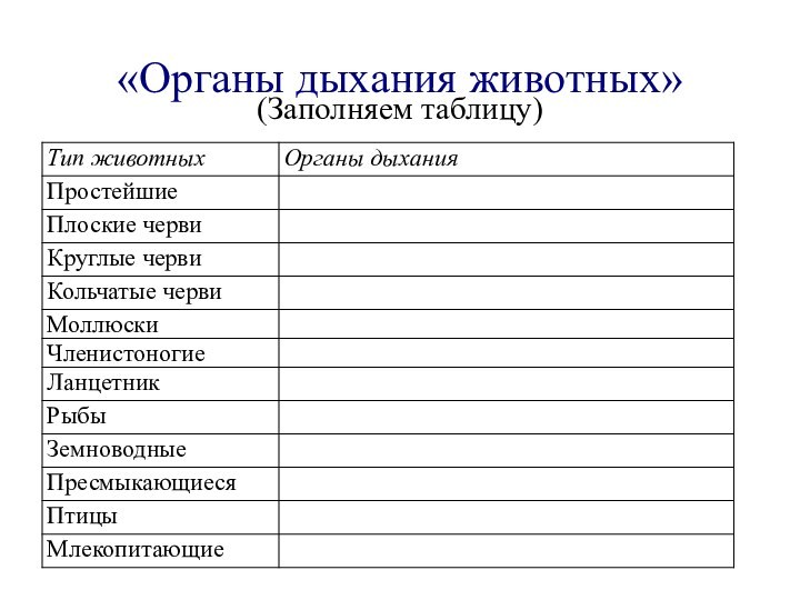 «Органы дыхания животных»(Заполняем таблицу)