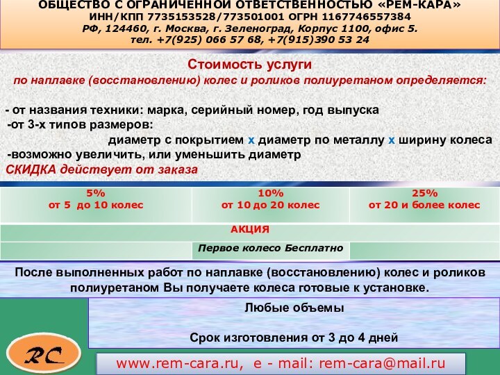 www.rem-cara.ru, e - mail: rem-cara@mail.ruОБЩЕСТВО С ОГРАНИЧЕННОЙ ОТВЕТСТВЕННОСТЬЮ «РЕМ-КАРА»ИНН/КПП 7735153528/773501001 ОГРН 1167746557384РФ,