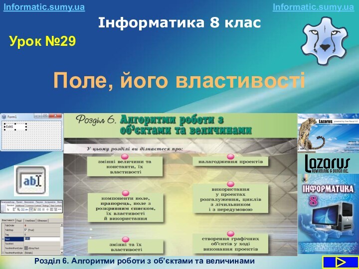 Інформатика 8 класУрок №29Informatic.sumy.uaInformatic.sumy.uaРозділ 6. Алгоритми роботи з об’єктами та величинамиПоле, його властивості