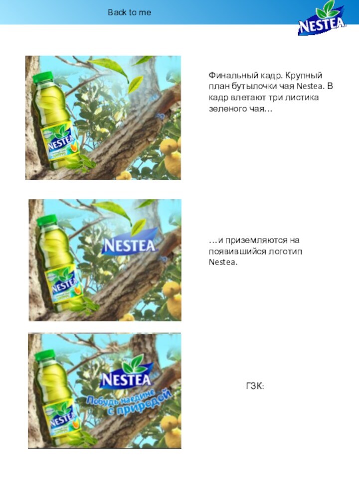 Финальный кадр. Крупный план бутылочки чая Nestea. В кадр влетают три листика