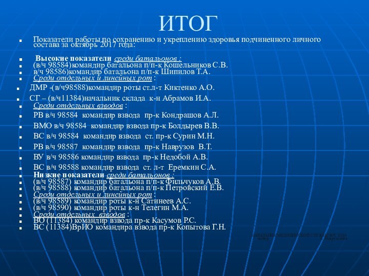 ИТОГПоказатели работы по сохранению и укреплению здоровья подчиненного личного состава за октябрь