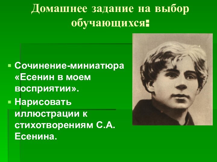 Домашнее задание на выбор обучающихся: Сочинение-миниатюра «Есенин в моем восприятии».Нарисовать иллюстрации к стихотворениям С.А.Есенина.