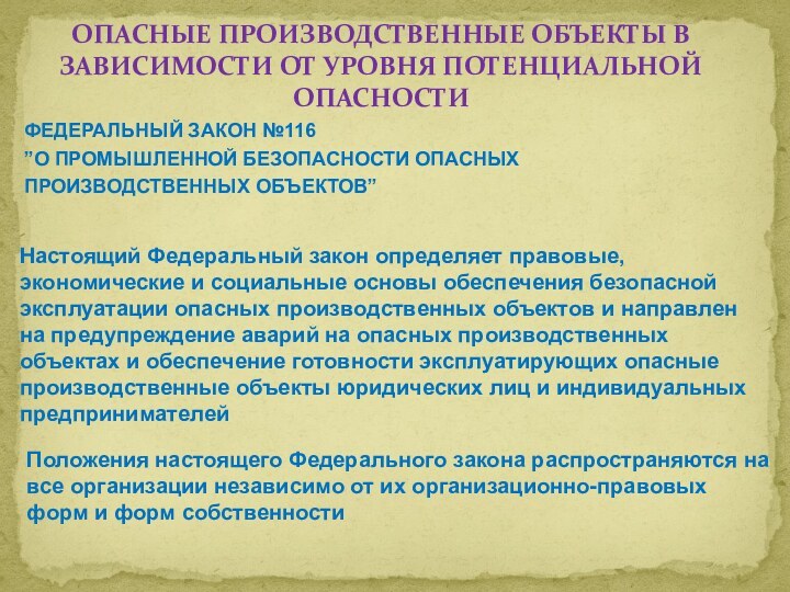 ОПАСНЫЕ ПРОИЗВОДСТВЕННЫЕ ОБЪЕКТЫ В ЗАВИСИМОСТИ ОТ УРОВНЯ ПОТЕНЦИАЛЬНОЙ ОПАСНОСТИФЕДЕРАЛЬНЫЙ ЗАКОН №116”О ПРОМЫШЛЕННОЙ