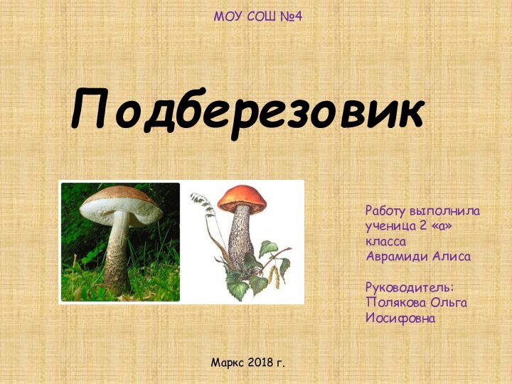 Работу выполнилаученица 2 «а» классаАврамиди АлисаРуководитель:Полякова Ольга ИосифовнаПодберезовикМаркс 2018 г.МОУ СОШ №4