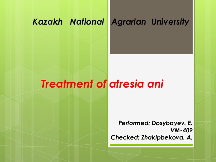 Treatment of atresia ani Kazakh  National  Agrarian UniversityPerformed: Dosybayev. E.VM-409Checked: Zhakipbekova. A.