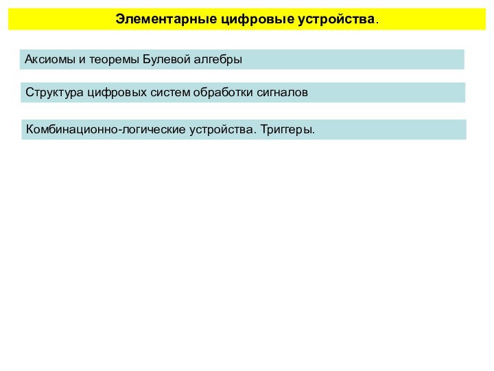 Элементарные цифровые устройства.Комбинационно-логические устройства. Триггеры.Структура цифровых систем обработки сигналовАксиомы и теоремы Булевой алгебры