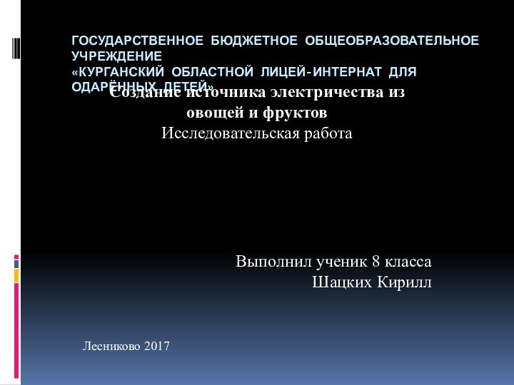 ГОСУДАРСТВЕННОЕ БЮДЖЕТНОЕ ОБЩЕОБРАЗОВАТЕЛЬНОЕ УЧРЕЖДЕНИЕ «КУРГАНСКИЙ ОБЛАСТНОЙ ЛИЦЕЙ-ИНТЕРНАТ ДЛЯ ОДАРЁННЫХ ДЕТЕЙ»         Создание источника электричества