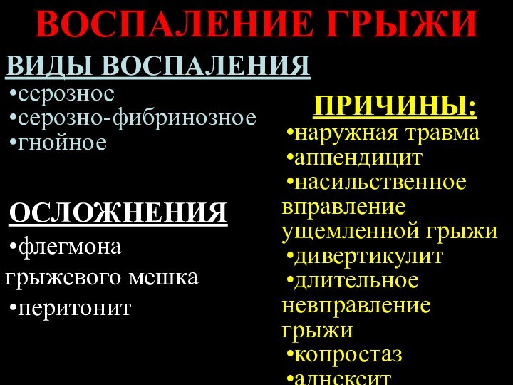 ВОСПАЛЕНИЕ ГРЫЖИВИДЫ ВОСПАЛЕНИЯсерозноесерозно-фибринозноегнойноеПРИЧИНЫ:наружная травмааппендицитнасильственное вправление ущемленной грыжидивертикулитдлительное невправление грыжикопростазаднекситОСЛОЖНЕНИЯфлегмона грыжевого мешкаперитонит