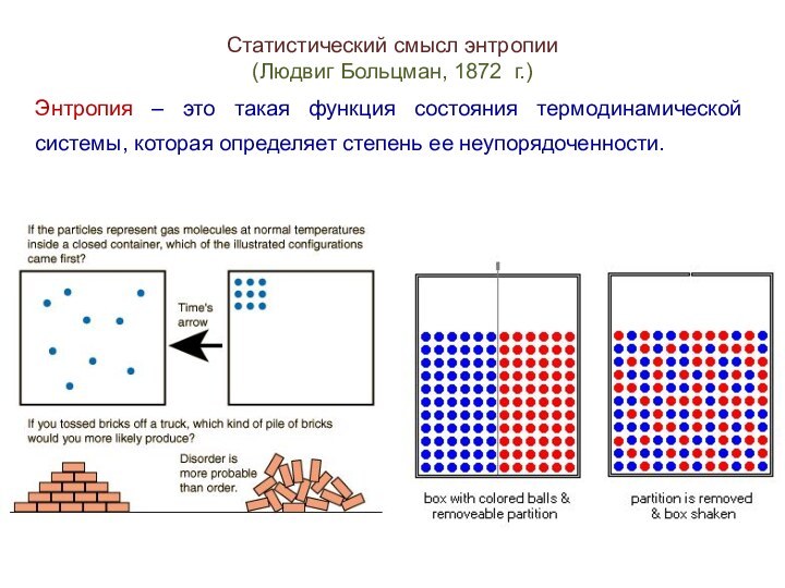 Статистический смысл энтропии(Людвиг Больцман, 1872 г.) Энтропия – это такая функция состояния