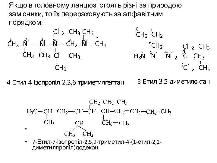 Якщо в головному ланцюзі стоять різні за природою замісники, то їх перераховують за алфавітним порядком: 7-Етил-7-ізопропіл-2,5,9-триметил-4-(1-етил-2,2-диметилпропіл)додекан