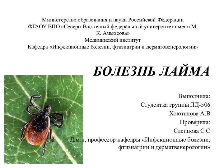 БОЛЕЗНЬ ЛАЙМАВыполнила:Студентка группы ЛД-506Хоютанова А.ВПроверила:Слепцова С.СД.м.н, профессор кафедры «Инфекционные болезни, фтизиатрии и