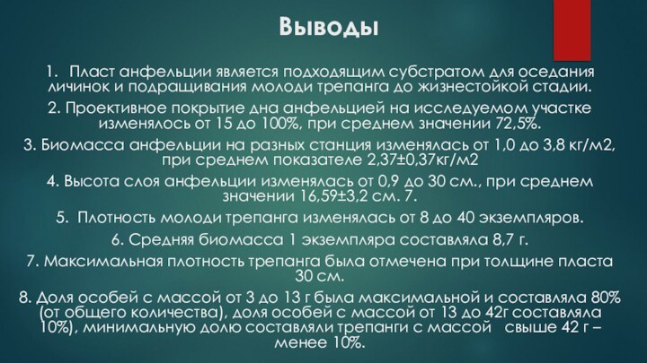 Выводы1.	Пласт анфельции является подходящим субстратом для оседания личинок и подращивания молоди трепанга