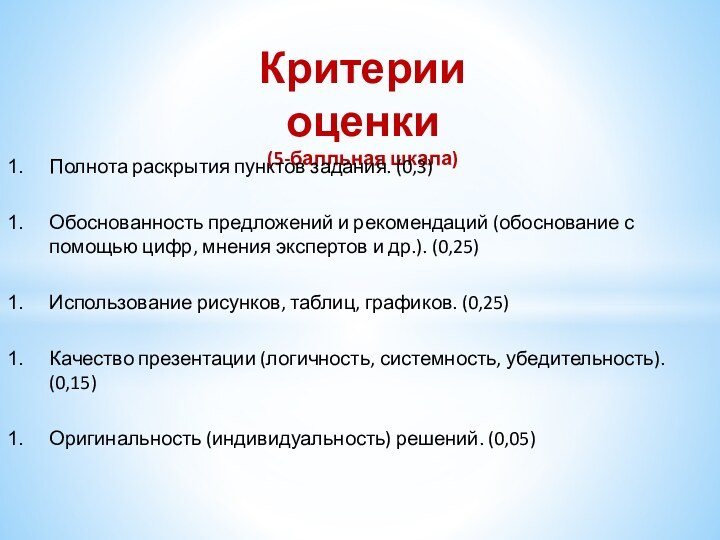 Критерии оценки (5-балльная шкала)Полнота раскрытия пунктов задания. (0,3)Обоснованность предложений и рекомендаций (обоснование