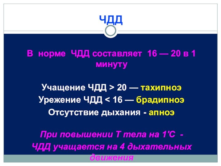 ЧДД В норме ЧДД составляет 16 — 20 в