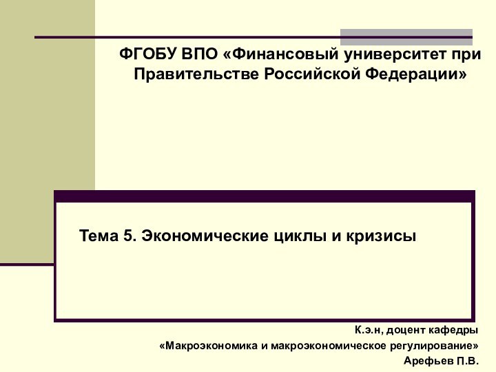 Тема 5. Экономические циклы и кризисыК.э.н, доцент кафедры «Макроэкономика и макроэкономическое регулирование»