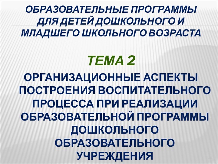 ОБРАЗОВАТЕЛЬНЫЕ ПРОГРАММЫ  ДЛЯ ДЕТЕЙ ДОШКОЛЬНОГО И МЛАДШЕГО ШКОЛЬНОГО ВОЗРАСТАТЕМА 2ОРГАНИЗАЦИОННЫЕ АСПЕКТЫ