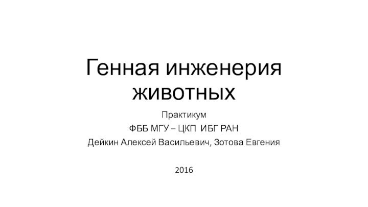 Генная инженерия животныхПрактикумФББ МГУ – ЦКП ИБГ РАНДейкин Алексей Васильевич, Зотова Евгения2016